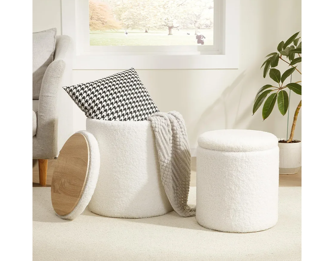 Royal Windsor Boucle Round Ottoman with Storage Set of 2,Small Foot Stool Ottoman for Living Room, Small Coffee Table,Vanity Stool with Storage for Bedroom, White