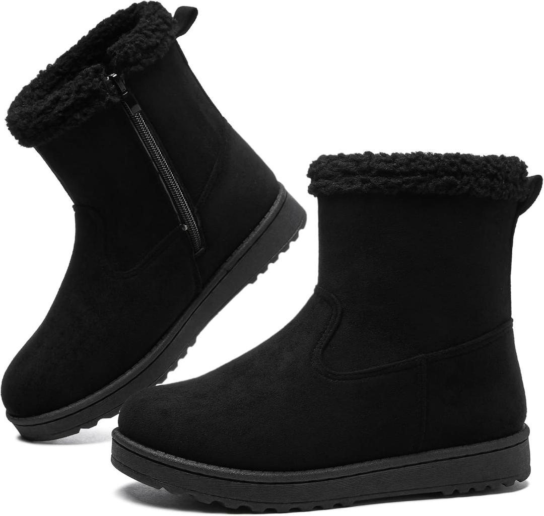 TUOPIN Winter Ankle Black Boots for Women - Slip-On Mini Boots with Side Zipper, Faux Fur Lining & Splash-Resistant (9)