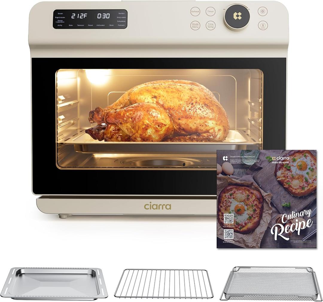 CIARRA 12-in-1 Countertop Steam Oven with Air Fryer, 25.4QT Steam Air Fryer Combo Nosh Oven Pro - Convection Toaster, Bake, Self-Clean, Dehydrate, Ferment, White