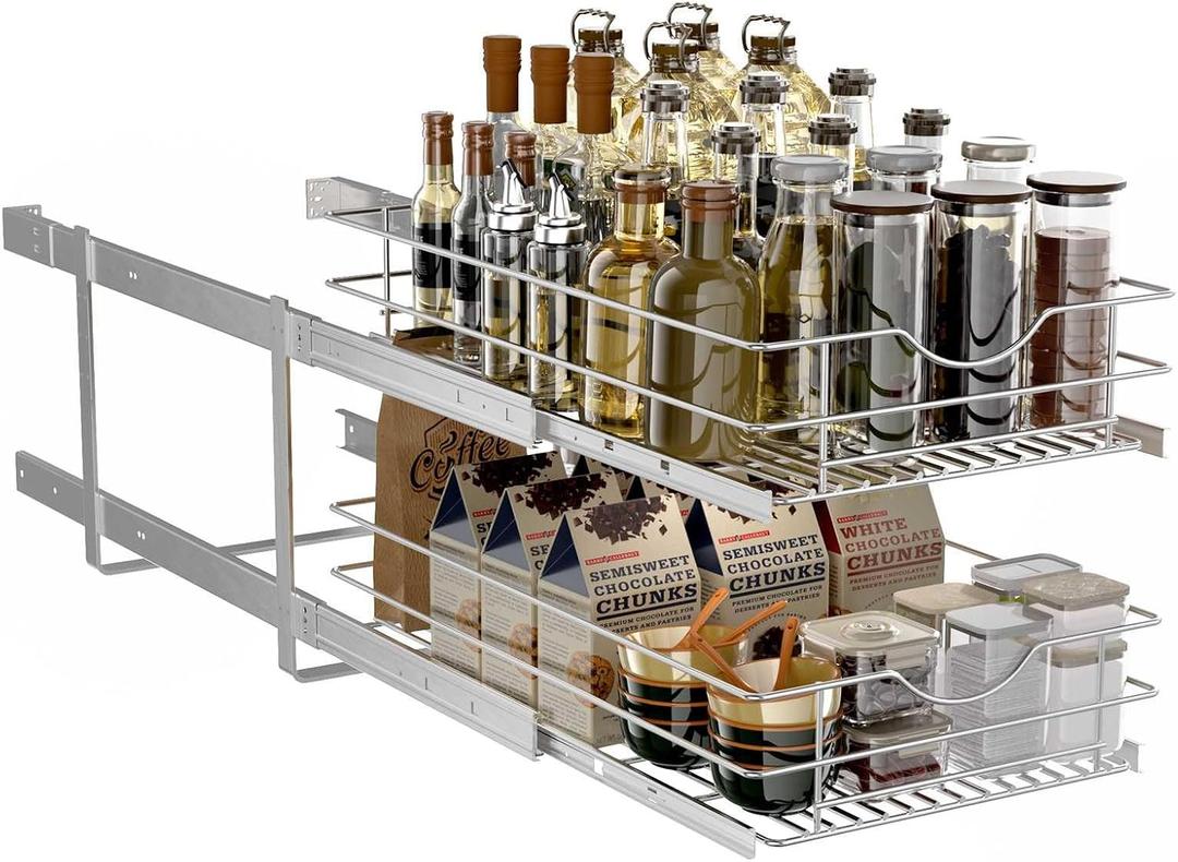 2 Tier Pull Out Cabinet Organizer,(11"W x 22" D) Soft Close Slide Out Drawer For Kitchen Base Cabinet, Individual Pull Out Shelf, Roll Out Pantry Organization, 22 Inch Deep