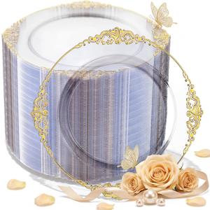 Morejoy 100 Pieces Gold Plastic Plates - Clear Gold Disposable Plates - 10.25inch Clear Plastic Dinner Plates With Gold Rim for Weddings & Parties & Shower