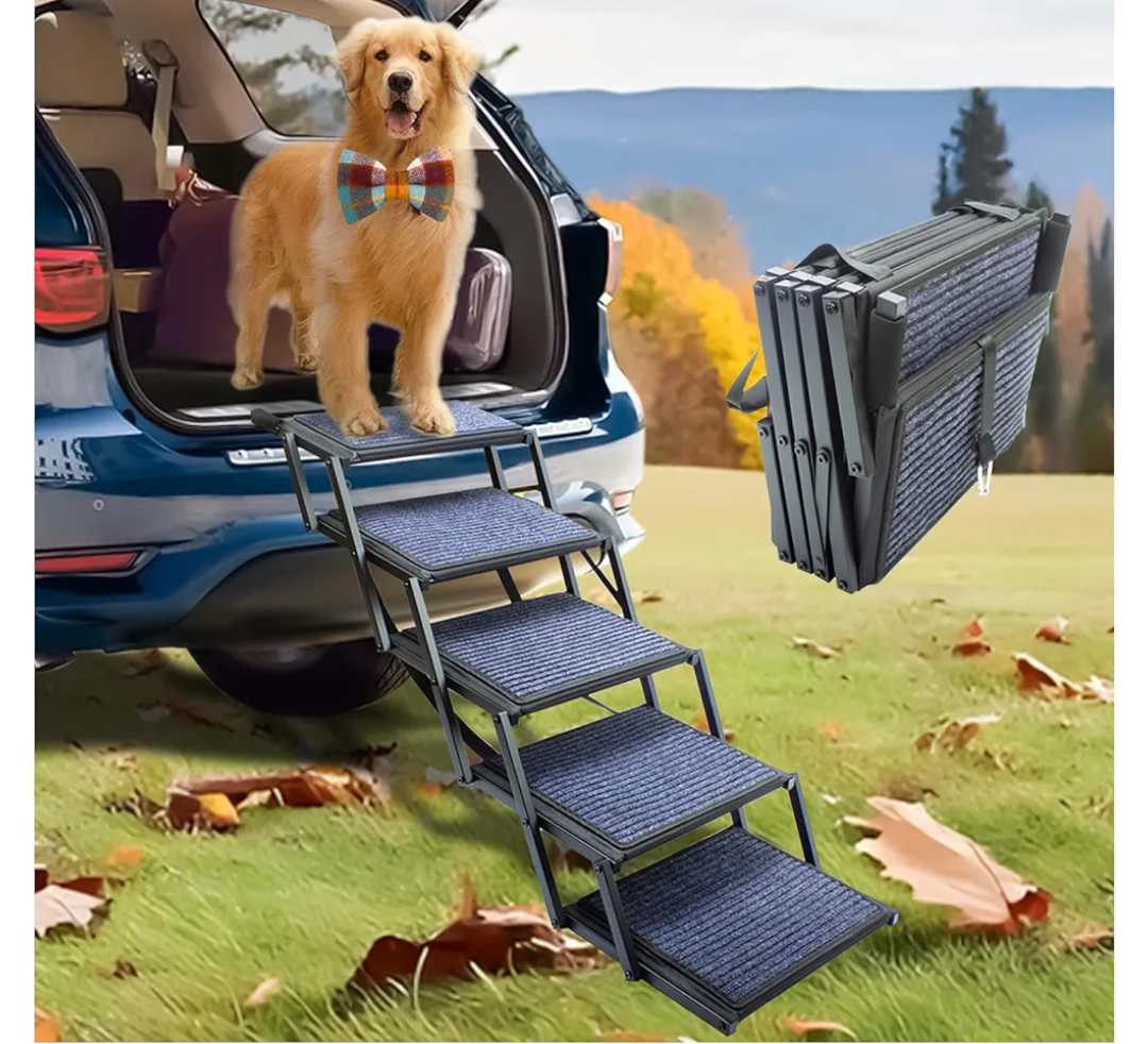 Dog Ramp for Car Truck and SUV Dog Stairs for Large Dogs Folding Pet Stairs with Non-Slip Rug Surface Supports Up to 250 lbs (5 Steps)