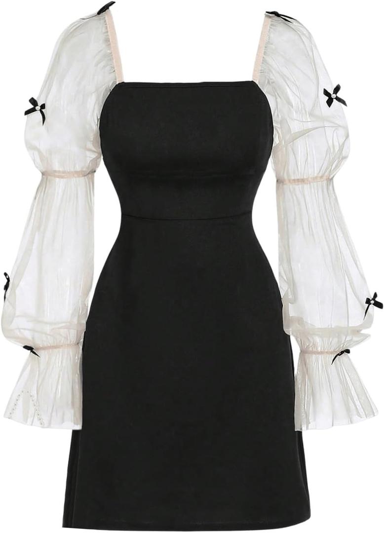 Girl's Dress Bow Ruffle Sheer Mesh Puff Long Sleeve Dresses Party Formal Short Dresses Size 8-12 (Black)