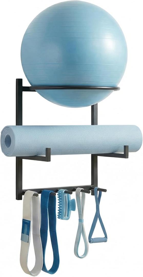 Wall Mounted Yoga Ball and Mat Holder, Space-Saving Home Gym Organizer and Storage Rack Fits 55-75cm Stability Ball with 5 Hooks for Resistance Bands and Equipment