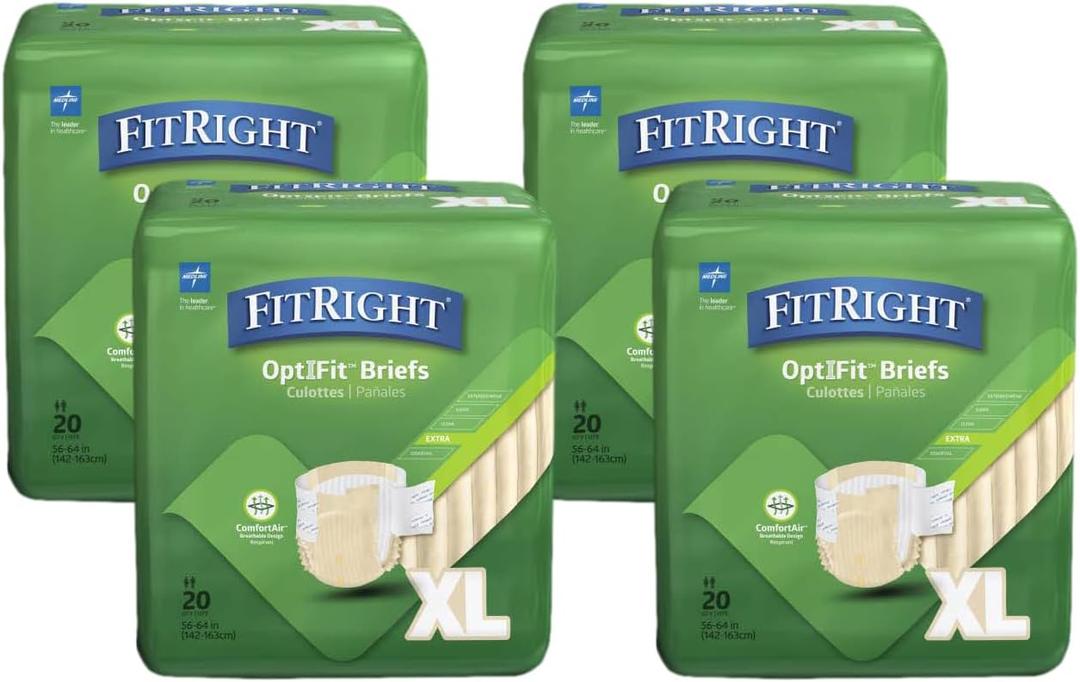 Medline FITEXTRAXLGZ FitRight Extra Briefs, 56-64", XL Size, 20 Count (Pack of 4)