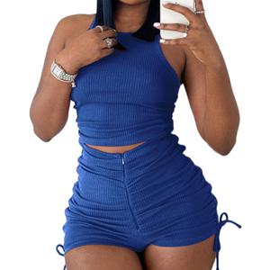 PYAEAS Summer Two Piece Outfits for Women, Casual Stretchy Ribbed Tank Crop Top Ruched Shorts Set Workout Tracksuits (Blue, L)