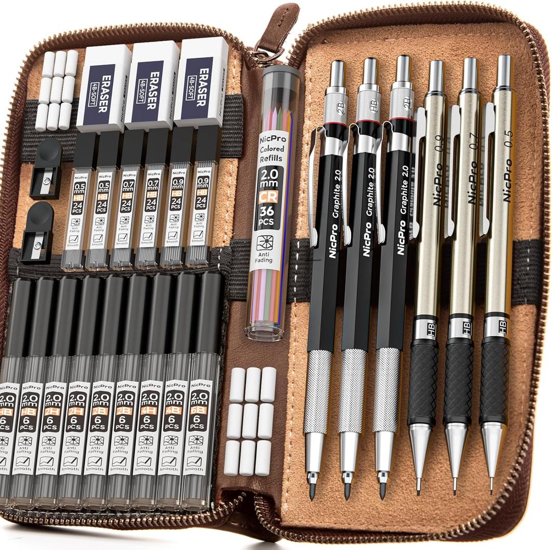 Nicpro 30PCS Art Mechanical Pencil Set in Leather Case, Metal Drafting Pencil 0.5 mm, 0.7 mm, 0.9 mm & 3 PCS 2mm Lead Holders for Sketching Drawing With 16 Tube (6B 4B 2B HB 2H 4H Colors) Lead Refills (Black)