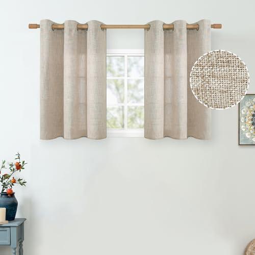 QUEMAS Short Kitchen Curtains 30 Inch Length for Small Window, Linen Curtains Light Filtering Burlap Semi Sheer Non See Through Grommet Cafe Bedroom Basement Curtains, 42 Inch Wide 2 Panel, Natural