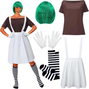 Hicarer 5 Pcs Halloween Women Chocolate Worker Costume Accessories, Costume Includes T Shirt White Skirt with Braces Green Wig Gloves Socks for Women Cosplay Party, Size L