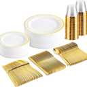 bUCLA 150PCS Gold Plastic Dinnerware Set Disposable - Heavy Duty Gold Plates Include 25 Dinner & 25 Dessert Plates,25 Forks,25 Knives,25 Spoons&25 Cups for Party & Wedding (25 Guests without Napkins)