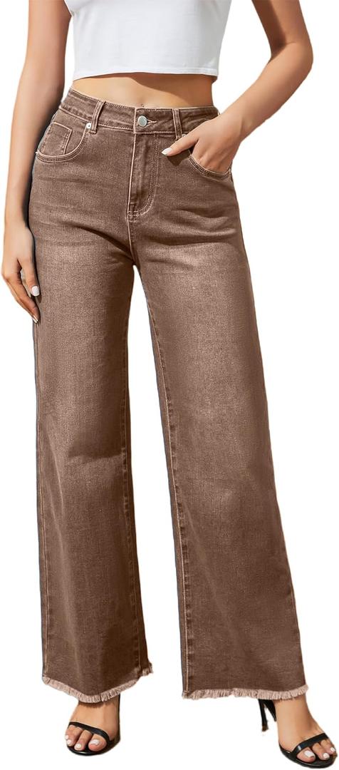 Guaile Women's Wide Leg Jeans High Waisted Strechy Jeans for Women Straight Raw Hem Loose Casual Denim Brown Size 12