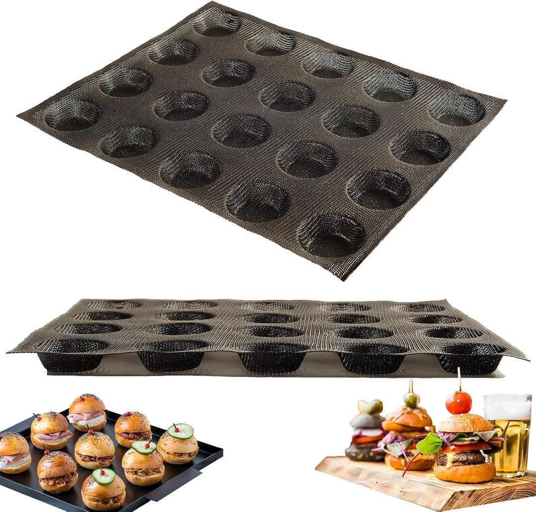 Mesh Silicone Hamburger Bun Mould, 20-Cavity Mini Hamburger Mould Silicone for Gluten-Free Hamburger Buns with Pinholes for Better Air Circulation, Hamburger Bun Pan Foldable for Convenient Storage