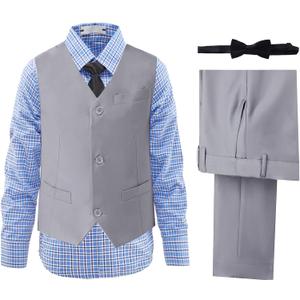 Boys' Suits Formal Slim Fit Tuxedo Boys Vest and Pants Set for Teens Dress Clothes Wedding Outfit with Tie and Bow Tie (2, Light Grey-blue Plaid Shirt)