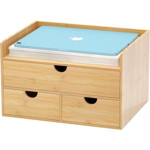 Bamboo Desk Drawer Organizer, Large Desktop Organizer with Drawers Tabletop Storage Organization Box for Office Home Toiletries Supplies Vanity, No Assembly Required (3 Drawer with Shelf) (Small)