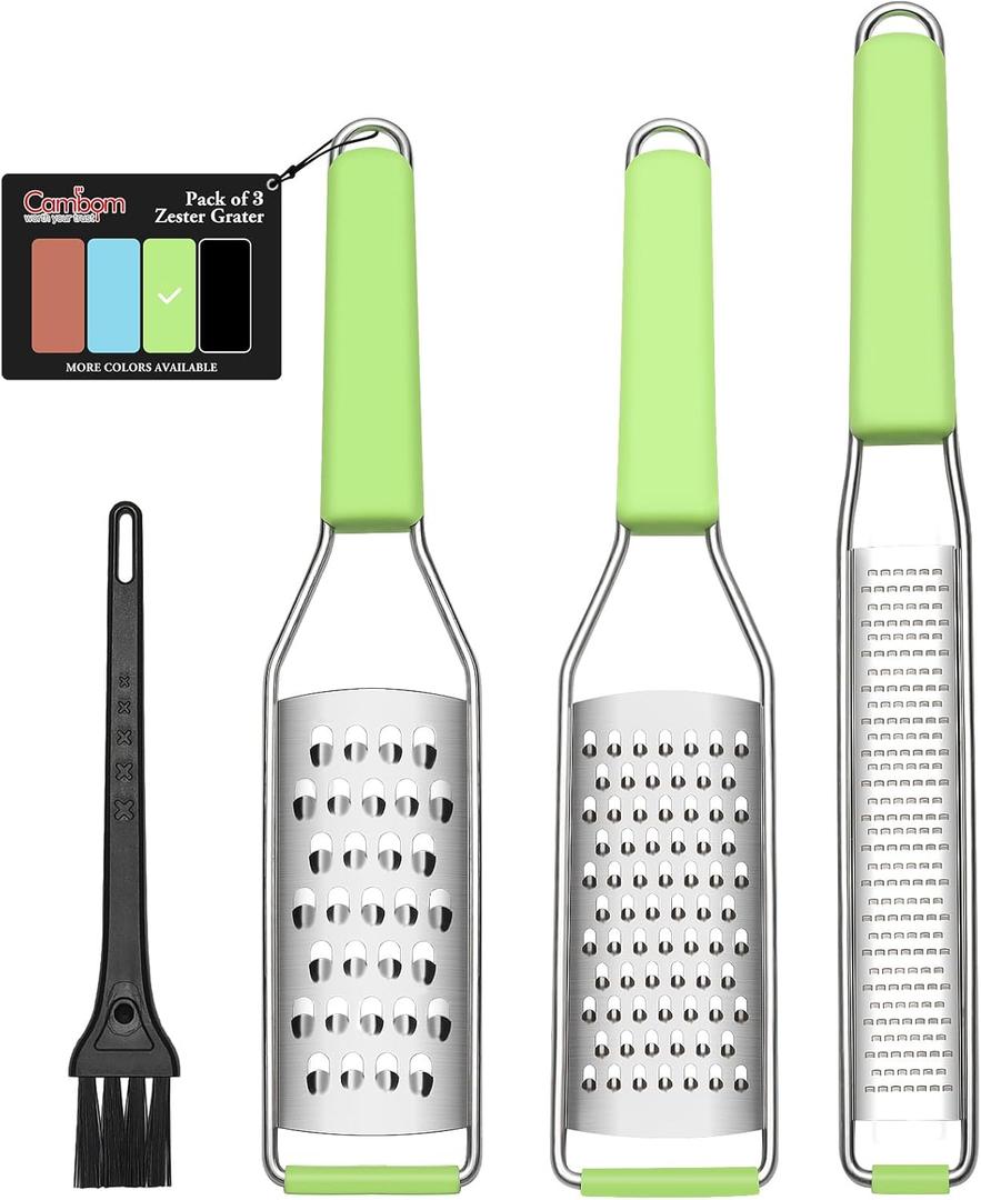 Cambom Lemon Zester Grater Three-piece Suit - Heavy Duty Kitchen Tool for Parmesan Cheese, Ginger, Garlic, Nutmeg, Chocolate, VegetablesFruitsStainless Steel Grater Dishwasher Safe Green (Set of 3)