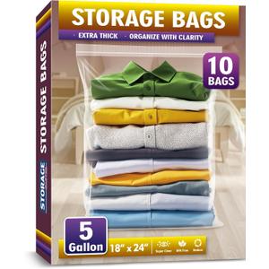 Extra Large 5 Gallon Zippered Plastic Bags for Storage- 18'' x 24'', Ideal for Clothes Clothing, Travel, Moving, 2-mil Thick Clear Plastic, 10 pack