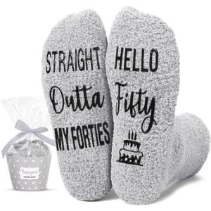 HAPPYPOP 50TH Birthday Gifts - Women Her Bday Socks Man, 50 Year Old Gift Ideas for Female (Gray Hello Fifty)