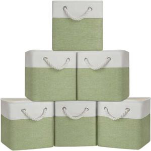 Cube Storage Bins, Collapsible Fabric Storage Cubes Bins, 11 Inch Cube Storage Bins with Handles, Foldable Storage Cubes (White/Green, 6Pack)