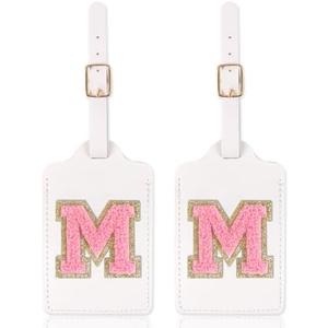 Personalized Initial Luggage Tags for Suitcases with Chenille Letter, Cute Leather Luggage Tag Monogrammed Tags for Baggage Bag Travel Gifts for Women Kids Teens(White_M) Pack of 4