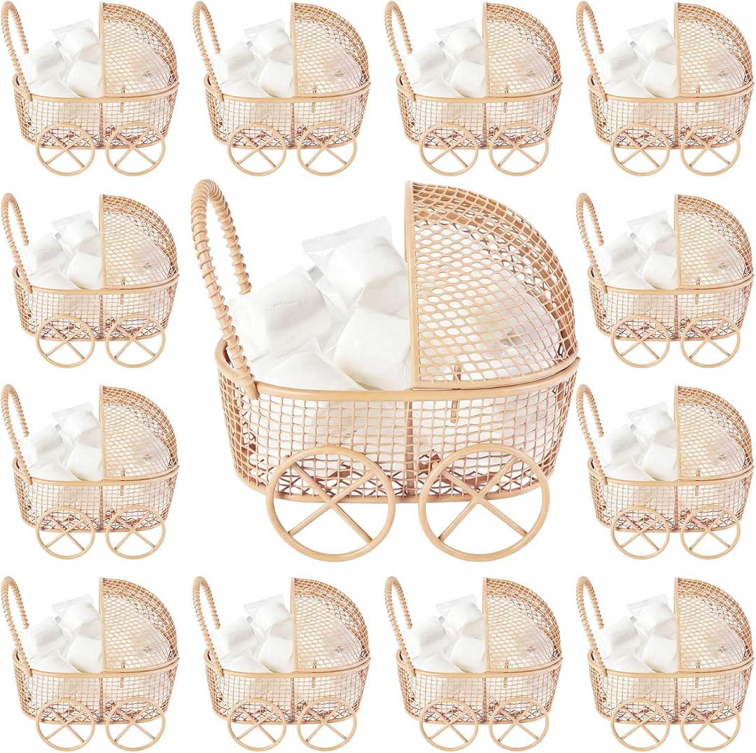 12 Pcs Baby Shower Mini Carriage Decoration Brown Bear Color Metal Wired Fillable Candy Stroller Baby Shower Table Centerpiece for Guest Gender Reveal Wedding Party Favor Gift