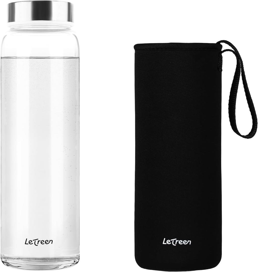 Glass Water Bottle 32 oz, Borosilicate Wide Mouth Glass Water Bottle with Neoprene Sleeve, BPA-Free Leak Proof Reusable for Hot Cold Drinks, Work, Gym, Home, 1 Pack (Black)