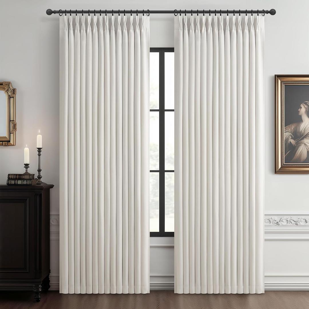 Pleat Viral Linen 90 Inch Blackout Curtains for Bedroom, Pinch Pleated Soundproof Privacy Farmhouse Window Drapes Decor with Hooks Neutral Beige White Nursery/Kids Room Darkening Burg 2 Panels Set