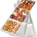 DELLING 16x5 Inch Ceramic 3-Section Serving Tray Set of 3, Stackable Divided Serving Platter - White Porcelain Appetizer Tray for Snack Food Dessert, Dishwasher Safe