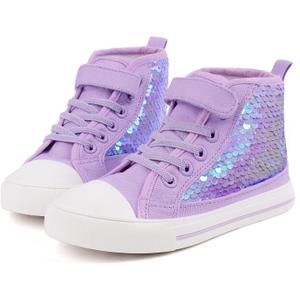 Toandon Girls Kids Canvas Shoes Sneakers for Color Change Flipping Sequins Glitter Sparkle Glimmer High Top Adjustable Hook Loop Straps Velcro Non Slip Lightweight Walking Purple, Size 4