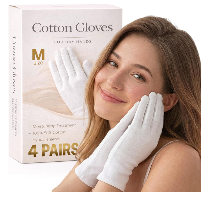 Cotton Moisturizing Gloves for Dry Hands, Overnight Sleeping Gloves for Women and Men, Reusable White Cotton Hand Mask to Boost Lotion Absorption, Soft Breathable Gloves (M, Count, 4.0)