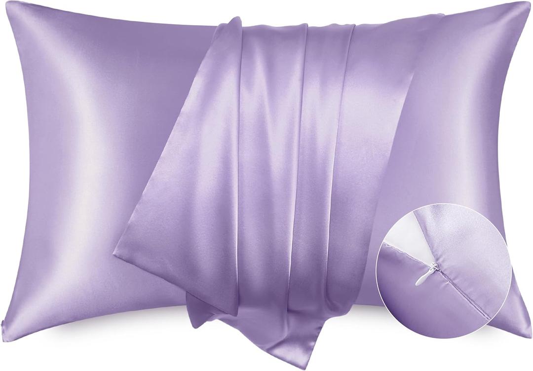 Bedsure Satin Pillowcase with Zipper, Similar to Silk Pillow Cases 2 Pack, Satin Pillow Cases Queen, Silky & Soft Bedding Pillow Covers for Hair and Skin, Gifts for Women Men, Lavender, 20x30 Inches