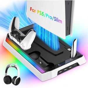 PS5/Slim/Pro Cooling Station, RGB P5 Controller Charger for PS5 Accessories, Ultra Quiet Cooling Fan for PS5 Digital/Disc Console, with 3 Level Fan, 4 USB Hub