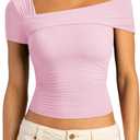 SUUKSESS Women One Off The Shoulder Summer Tank Tops Ruched Short Sleeve Shirts (Pink, XS)