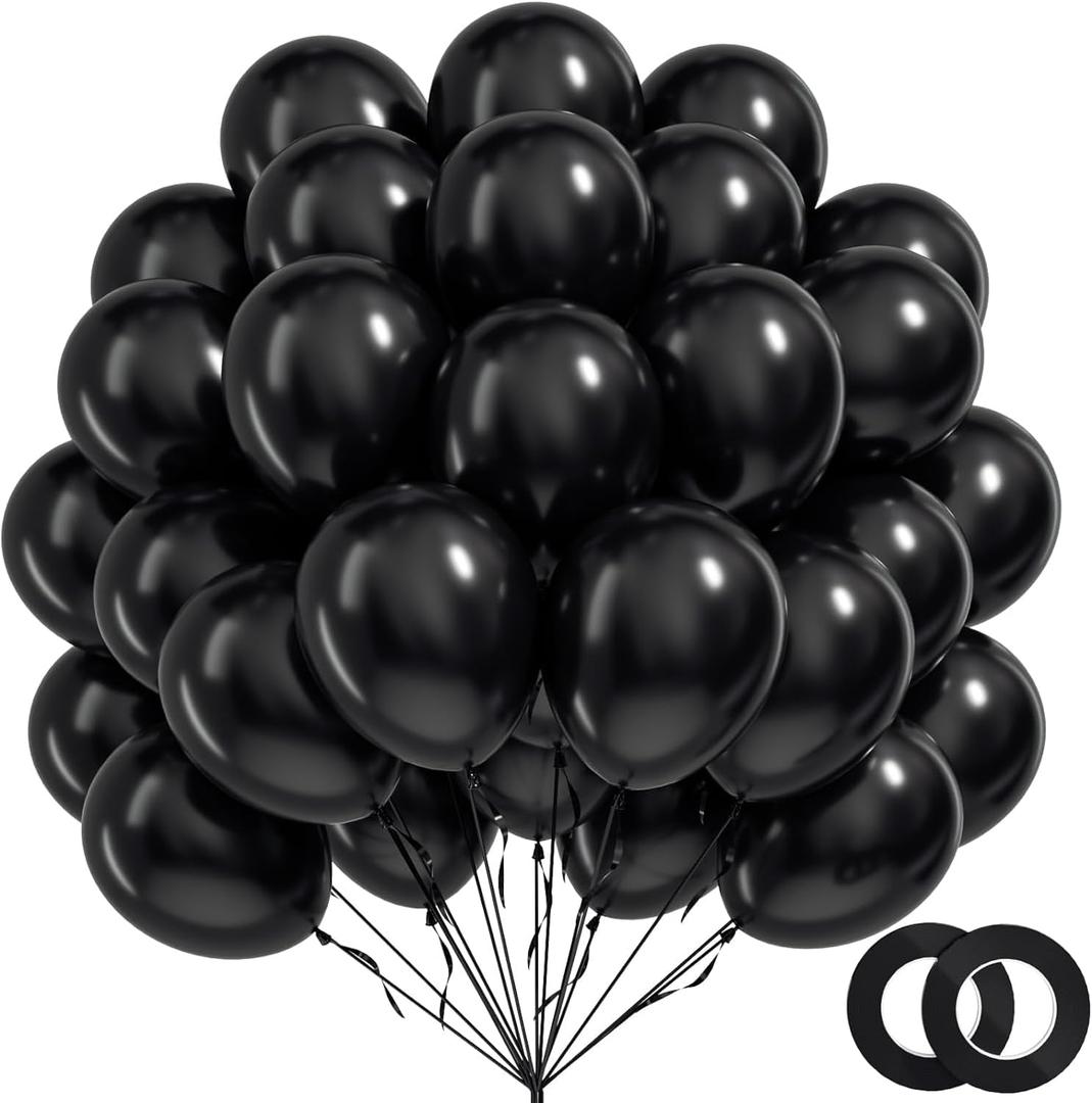 BAUANOOY 100pcs Black Balloons 12 inch, Black Latex Balloons with Ribbon for Graduation Birthday Party Decorations