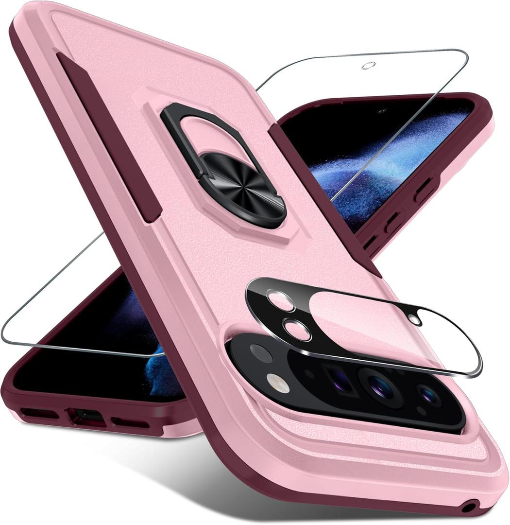for Google Pixel 10 Pro XL Case with Screen Protector + Camera Lens Protector, Heavy Duty Shockproof Full Body Protective Cover Built in Rotatable Metal Ring Holder Kickstand, 2025 Cute Pink