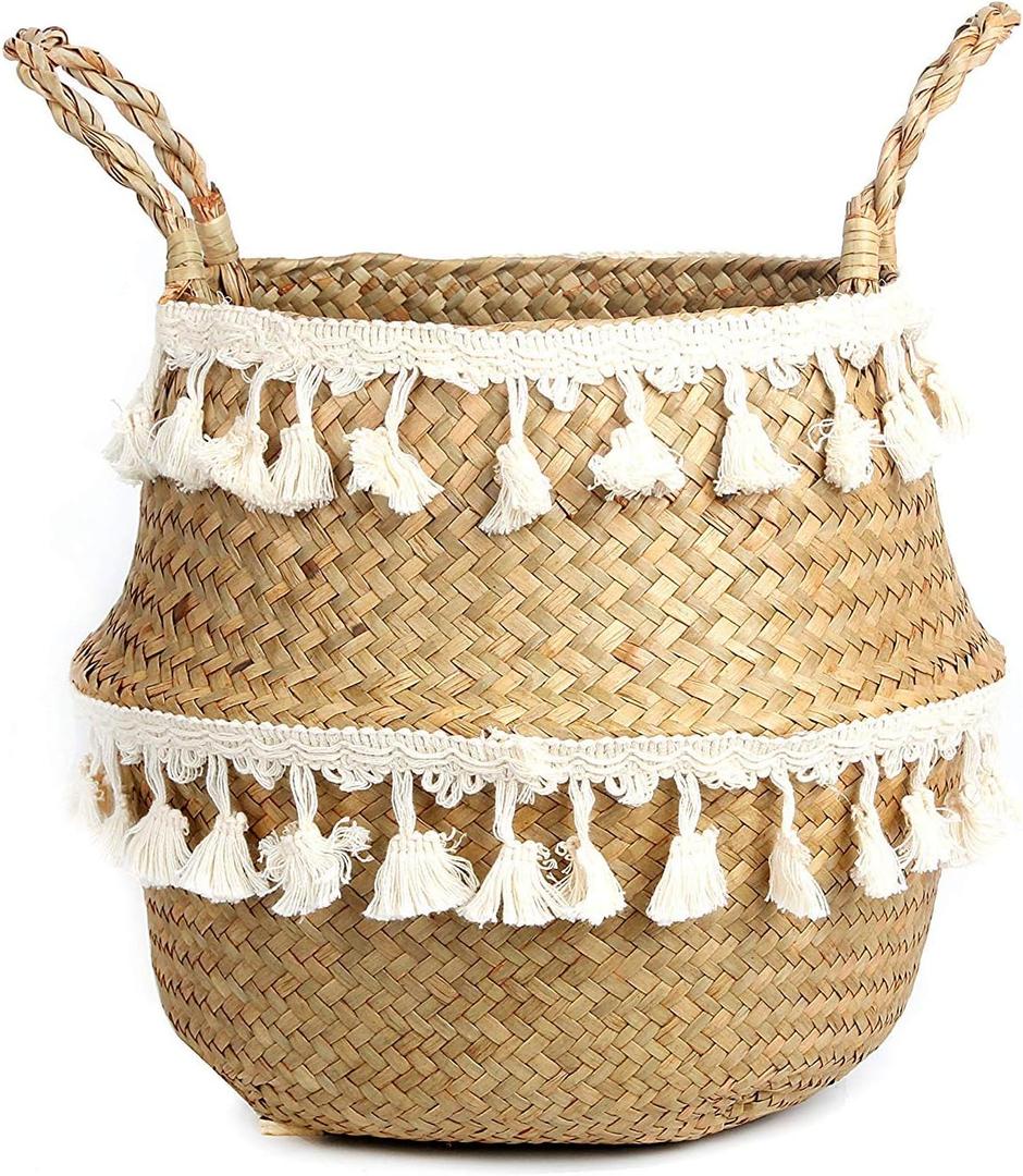 Tassel Macrame Woven Seagrass Belly Basket for Storage, Decoration, Laundry, Picnic, Plant Basin Cover, Groceries and Toy Storage (Large, Tassel) (Ivory White)