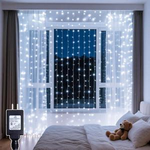 Curtain Lights with Hooks, 200 LED 9.8 x 6.6FT Window String Lights, Plug in Fairy Lights with Remote & Timer, 8 Modes Waterproof Hanging Backdrop Lights for Bedroom, Wedding, Christmas Decor (Cool Whtie)