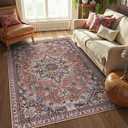 Lahome Oriental Washable Rug for Living Room, Ultra-Thin Soft 8 x 10 Rug Non-Slip Green Boho Rug for Bedroom, Non-Shedding Vintage Area Rug for Dining Room Office (Brow/Multi, 8'x10')