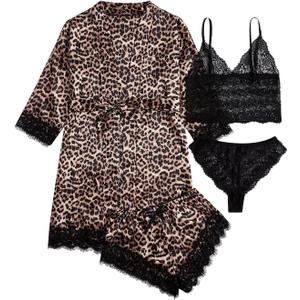 WDIRARA Women' Silk Satin Pajamas Set 4pcs Lingerie Floral Lace Cami Sleepwear with Robe (Small, Black Leopard)