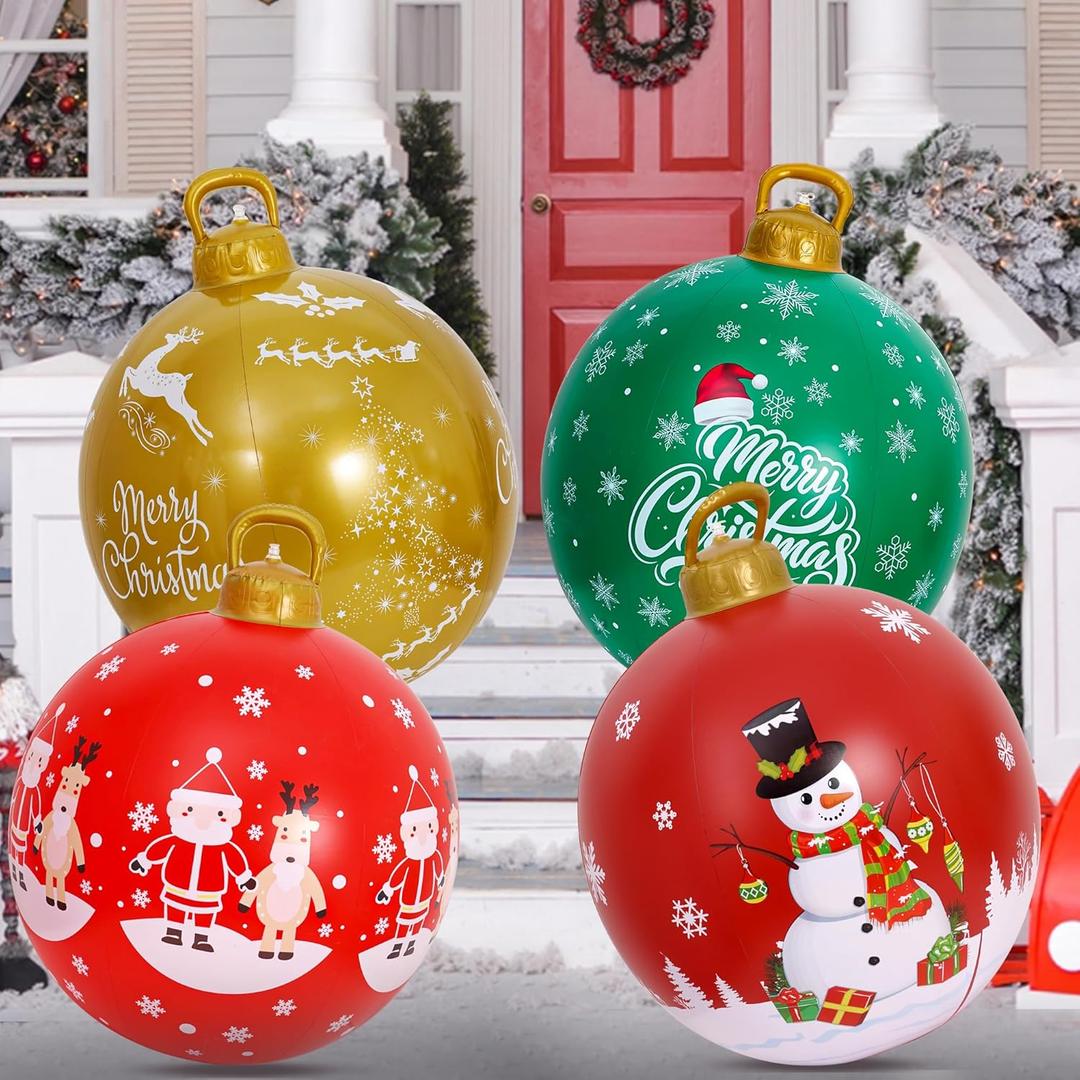 HYRIXDIRECT 4Pcs 24 Inch Giant Christmas PVC Inflatable Decorated Ball Inflatable Ornaments PVC Outdoor Blow up Christmas Yard Lawn Holiday Pool Party Decorations