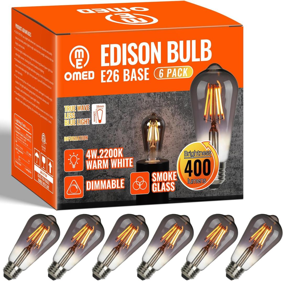 OMED LED Edison Vintage Light bulbs 40 Watt Equivalent E26 Base 2200k Warm White Dimmable ST64 Smoke Grey Glass 40w Energy Saving Ideal Dining Rooms Durable Light for a Cozy Atmosphere 6 Pack