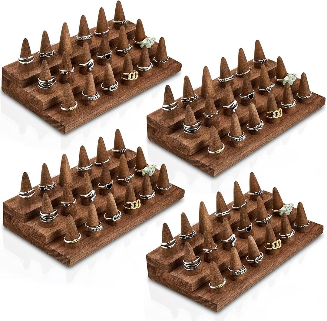 Juexica Wood Ring Display, 4 Pcs Ring Display Stand, 18 Fingers Ring Holder, Wood Jewelry Display for Ring Organizer Show Storage, Brown