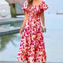 PRETTYGARDEN Women's Casual Summer Midi Dress Puffy Short Sleeve Square Neck Smocked Tiered Ruffle Dresses (S)