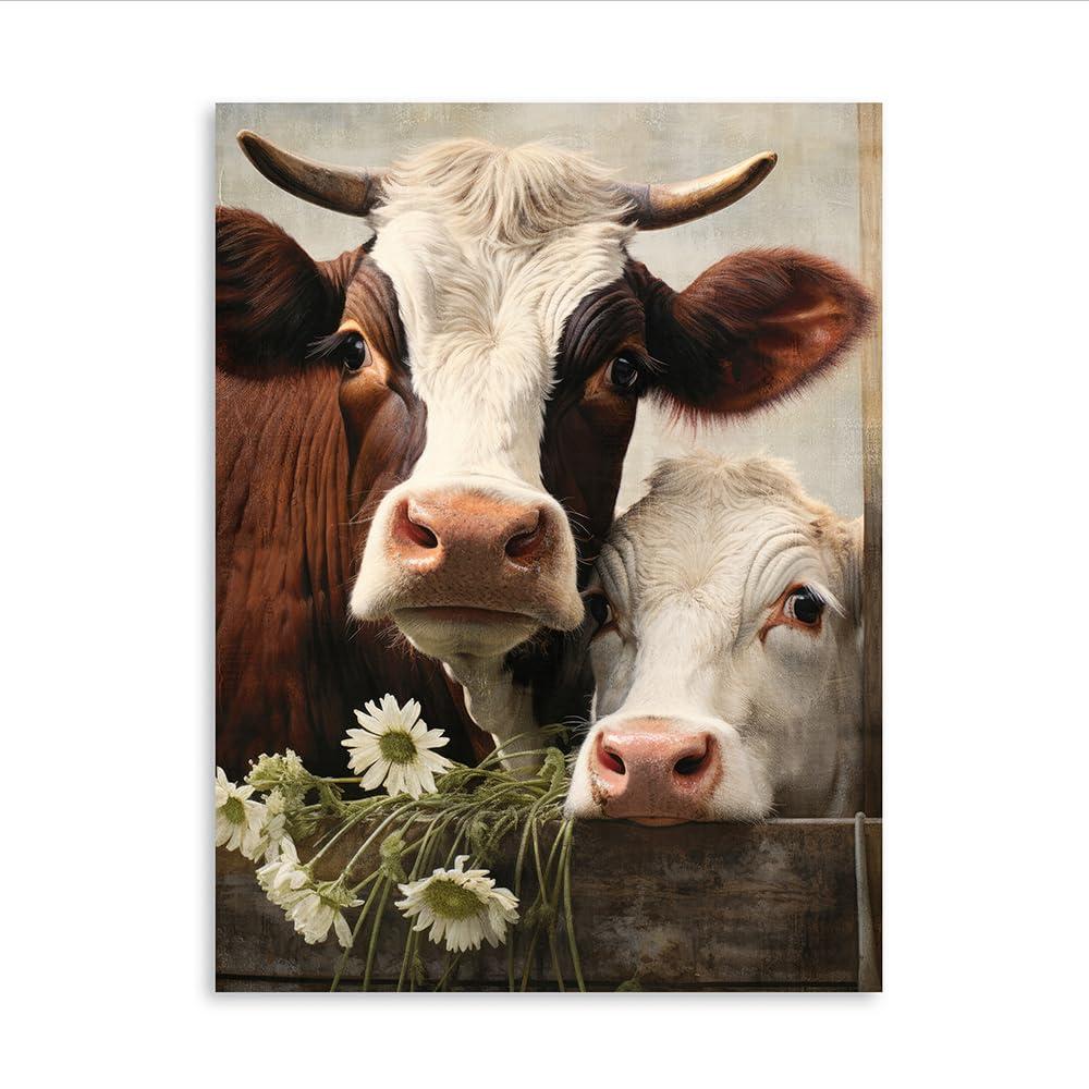 Cow Pictures Farmhouse Animal Print Framed Painting With Flower Poster 16x24 Inches