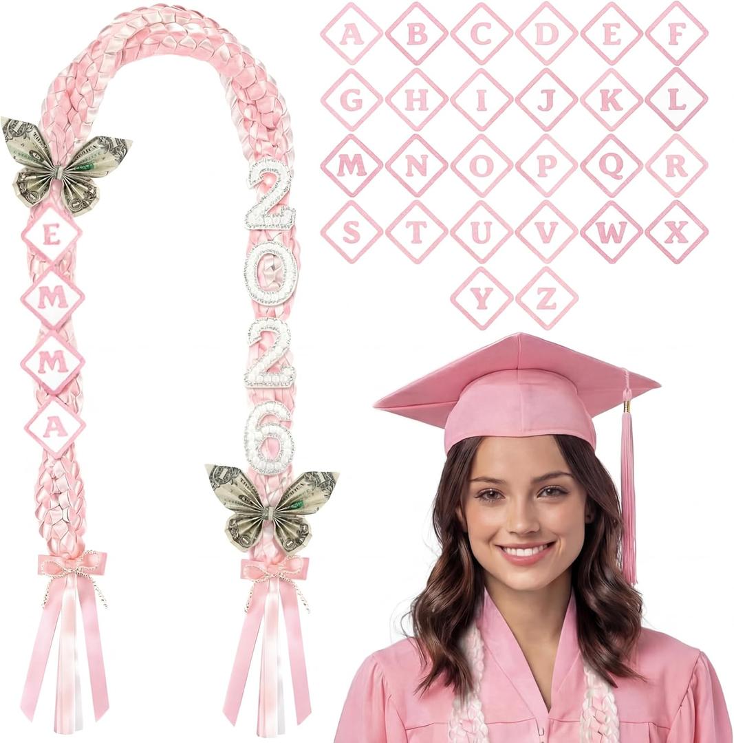 Class of 2026 Graduation Leis with Pearl Bows, 108 Patches Letters and Pearl 2026 Numbers DIY Graduation Ribbon Lei Double Braided Necklace for Senior Night College Grad Party Supply(Pink)