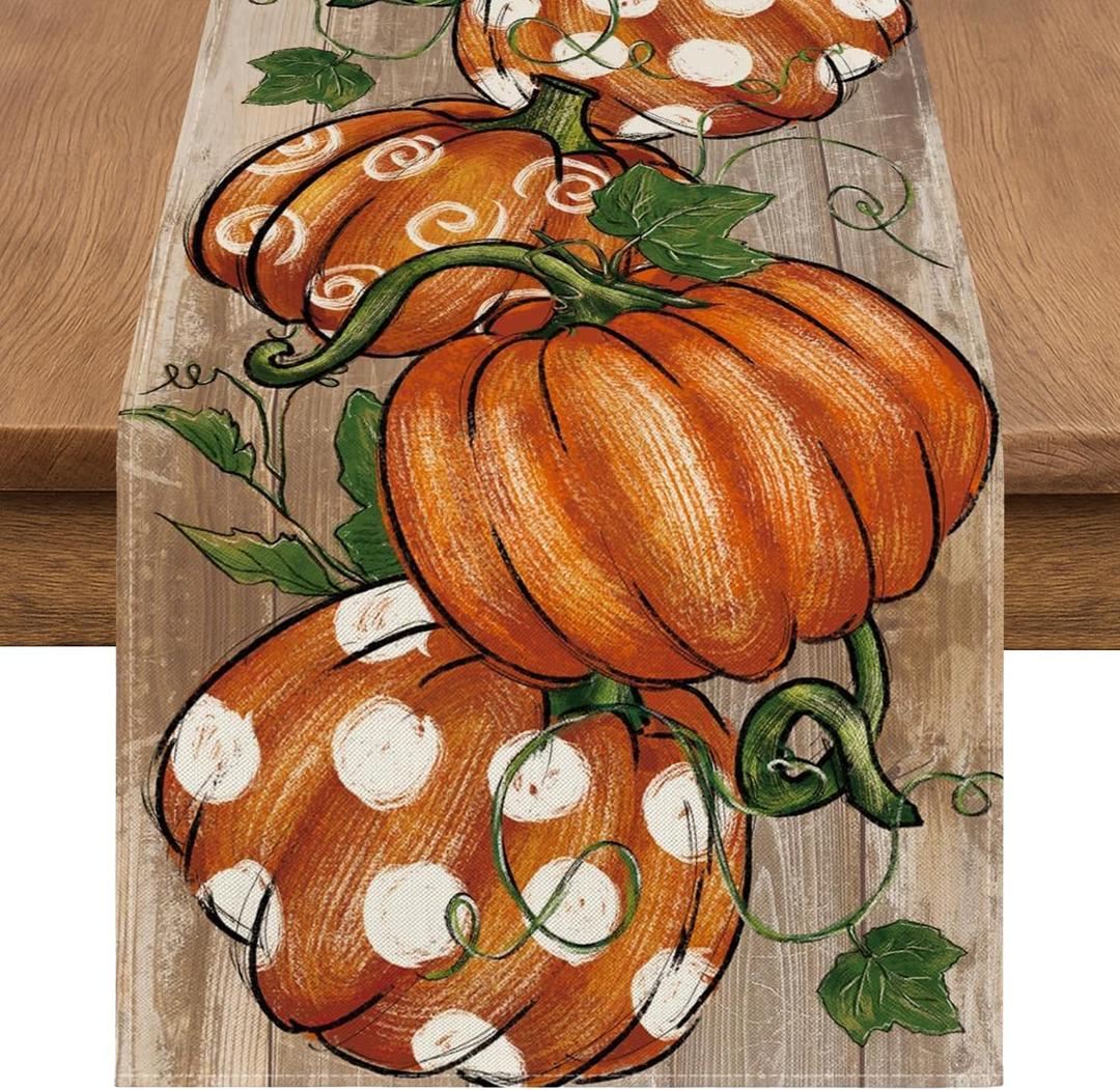 Halloween Table Runner 13x72 Inch  Rustic Orange Pumpkin Design with Polka Dots and Vines, Farmhouse Fall Dining Table Decoration for Halloween, Thanksgiving and Autumn Parties
