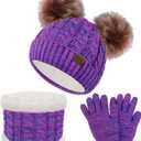 Senker Fashion Kids Winter Beanie Hat Scarf Gloves Set for Girls Boys Knit Warm Pompom Toddler Hats Mittens Neck Warmer (Purple)