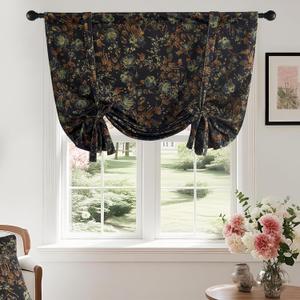 StangH Vintage Floral Tie Up Curtains for Living Room, Black Flower Patterned Light Blocking Velvet Drapes Thermal Insulated Farmhouse Drapes for Bedroom Home Office, W46 x L63, 1 Panel