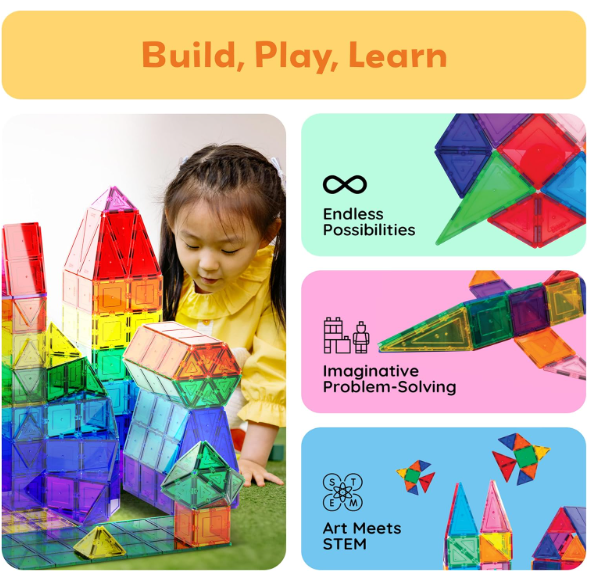 PicassoTiles magnetic tile set (PT60) includes 60 classic pieces for building bright 2D and 3D structures. This magnetic tile building set encourages creativity, color and shape recognition, and early STEM skills through open-ended, screen-free play.