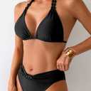 TASHEHE Women's Bikini Set Ruched Triangle Swimsuit Two Piece Sexy V Cut Halter Bathing Suit - 609 / Black - X-Large (Black, XL)