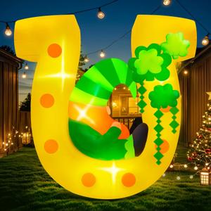 MICOCAH 6FT St Patricks Day Inflatables Outdoor Decorations, Blow Up Leprechaun Sits on a Lucky Horseshoe Arch with Shamrock Built-in LED Lights for Party Holiday Yard Garden Lawn